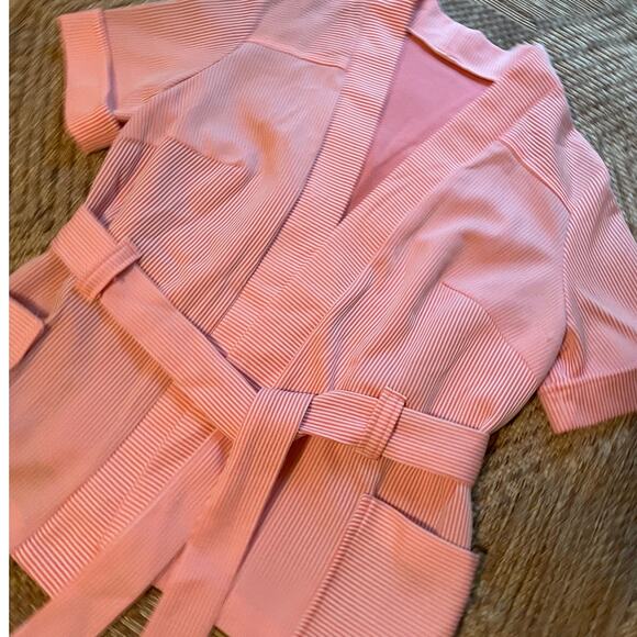 Vintage 70s Short Sleeve open front coral and white belted Cardigan - Picture 2 of 8